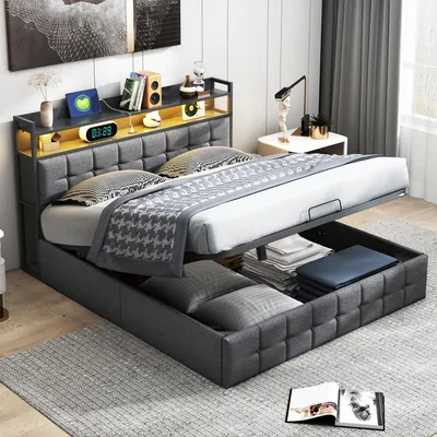 Immagine prodotto di UnboxG Letto imbottito 140x190 cm grigio, illuminazione LED RGB del letto, spazio di archiviazione idraulico, porta di ricarica USB e Type-C, biancheria, letto moderno morbido, grigio