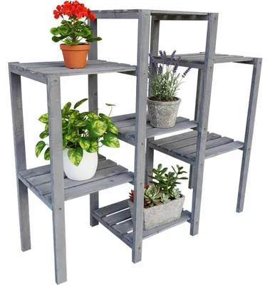 Image de Étagère à fleurs en bois gris, 7 niveaux, dimensions : 97 x 31 x 87 cm