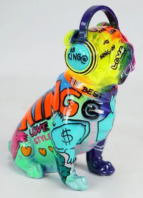 Immagine prodotto di Casa Padrino statuetta decorativa di design cane bulldog con cuffie colorate h. 32 cm - scultura decorativa in resina - decorazione soggiorno - decorazione scrivania - statuetta decorativa animale