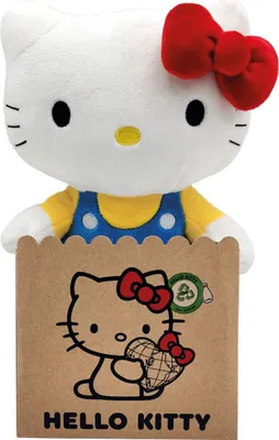 A Hello Kitty plush toy holding a brown paper bag with Hello Kitty graphics and text.