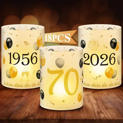 Produktbild von 18Pcs Windlichter Tischdeko 70. Geburtstag - Deko 70. Geburtstag Männer und Frauen - Schwarz Gold Happy Birthday Tischdeko für Teelichter oder Kerzen