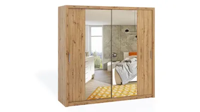 Produktbild von FurMeb24 Schiebetrenschrank BONO 220 cm Kleiderschrank mit Spiegel, 2-triger Schiebeschrank (Eiche Artisan / Eiche Artisan)