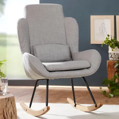 Image de FineBuy Fauteuil à bascule CAPRI Gris Tissu / Bois Fauteuil de détente 75 x 110 x 88,5 cm Fauteuil à bascule avec structure rembourrée Fauteuil de détente Fauteuil à bascule