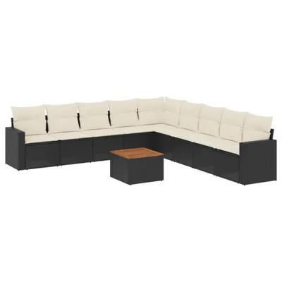 Produktbild von Modulares Gartenmöbel-Set, 10-teilig, aus schwarzem PE-Rattan, mit Stauraum, Akazienholz-Tisch, cremeweiße Kissen, UV-beständig