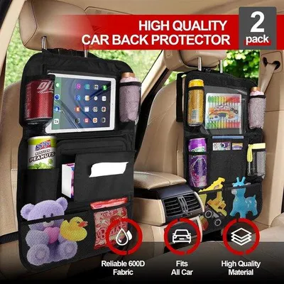 Image de Organiseur pour siège enfant en voiture, protection imperméable pour dossier en 2 parties, avec 18 compartiments de rangement et un sac poubelle, protection pour siège arrière de 28 cm