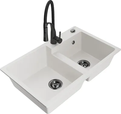 Produktbild von Mexen Tomas 2-Becken-Granitspüle mit Mischbatterie Aster, Weiß - 6516-20-73450-70-B