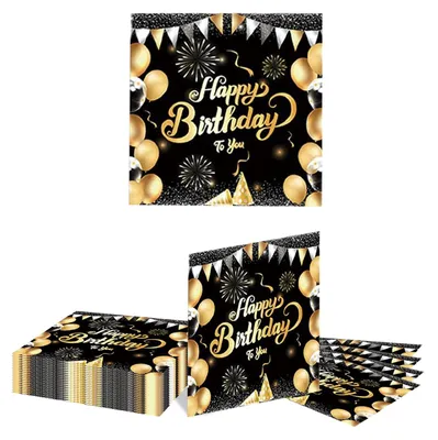 20 Happy-Birthday-Servietten, schwarz-silber, 16,5 cm