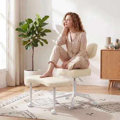 Produktbild von Meditationsstuhl Mit Rollen, Höhenverstellbarer Schneidersitzstu Off-Whites | Ergonomischer Criss Cross Chair Mit Fußstütze, Memory- Und Rollen Für Meditation, Homeoffice Und Flexible Sitzpositione