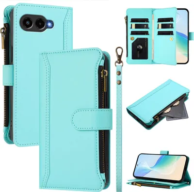Immagine prodotto di Custodia per T-Mobile T Phone 3/T-Mobile REVVL 8, con cerniera, portafoglio, custodia flip in Finto cuoio con tasche per carte, supporto e passante per la mano verde menta