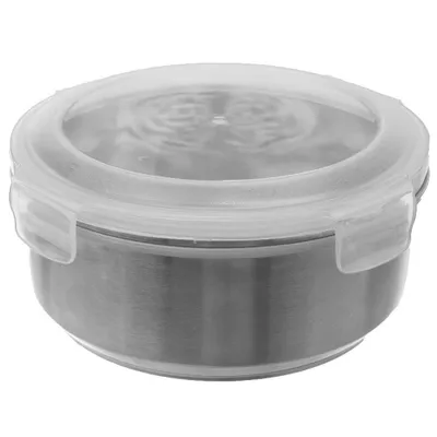 A stainless steel food container with a clear plastic lid.