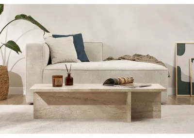 Image de Table basse de salon en bois MDF mélaminé effet travertin 120 x 45 x 30 cm charge 27 kg