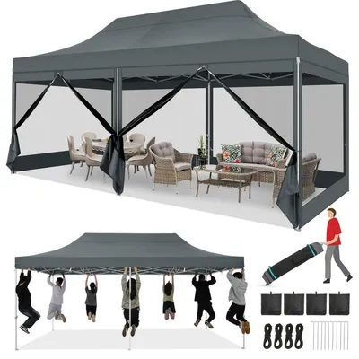 Zdjęcie produktu dla Pawilon składany 3x6m, wodoodporny, stabilny, z 6 ściankami, typu pop-up, do ogrodu, odporny na promieniowanie UV, kolor szary, materiał Oxford 420D, w zestawie torba transportowa z kółkami