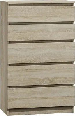 A chest of drawers with five drawers, shown from the front.