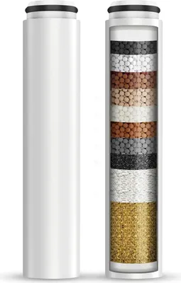 A cutaway view of a water filter cartridge showing its internal layers, next to a solid white outer casing.