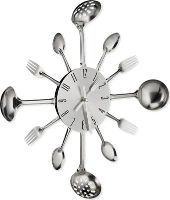 Produktbild von Wanduhr Küche | Design-Uhr aus Edelstahl im Küchenbesteck-Look | Dekorative Uhr für Restaurant & Wohnzimmer | 35 cm Durchmesser