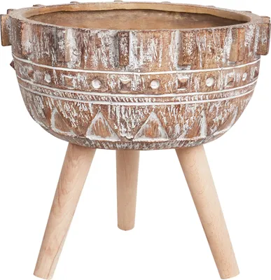 Produktbild von BELIANI Blumentopf Hellbraun aus Magnesiumoxid Rund 37 x 37 x 37 cm mit Holzbeinen Muster Indoor Outdoor