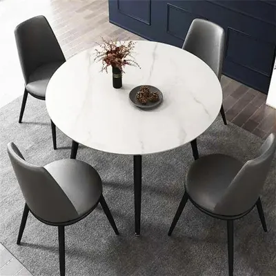 Image de Table ronde avec plateau en marbre et pieds en métal noir, table de cuisine moderne pour 4 personnes
