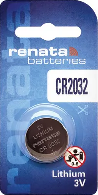 A Renata CR2032 lithium coin cell battery packaged for retail sale.