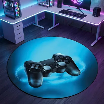 Produktbild von Fesselnder Gaming-Teppich mit lebendigen Neon-Farben und ikonischen Symbolen auf schwarzem Hintergrund Größe - 160 cm Rund