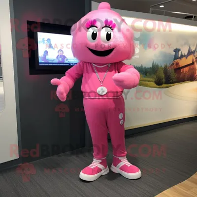 Immagine prodotto di Personaggio del costume della mascotte REDBROKOLY del braccialetto rosa vestito con un pagliaccetto e lacci delle scarpe