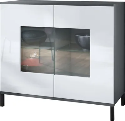Produktbild von Vladon Kommode Grömitz V3, Moderner Küchenschrank mit 2 großen Glastüren Anthrazit matt / Weiß Hochglanz (92,5 x 83.5 x 35)