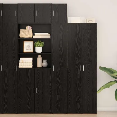 Image de Armoire de rangement vidaXL avec étagères, noire, imitation chêne, en bois composite