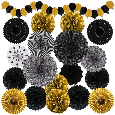 Produktbild von Party-Dekorationsset - Papier-Pompoms Fächer und Girlanden - Hängende Dekoration - Schwarz Gold