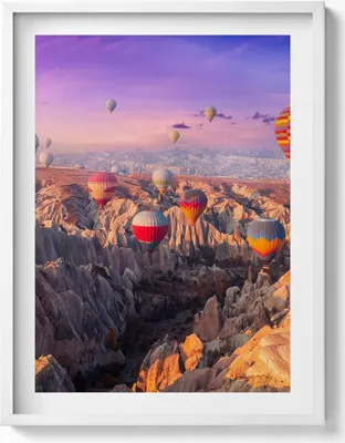 Produktbild von Ballons fliegen über eine Schlucht– Wandbild mit Rahmen – Gerahmtes Bild  – Wanddekoration – 60x80 cm –  Weiß Rahmen