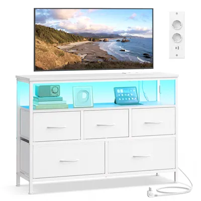 Produktbild von SONGMICS Kommode mit LED-Beleuchtung, Sideboard, Schubladenschrank für Wohnzimmer, mit Ladestation, 5 Schubladen, weiß