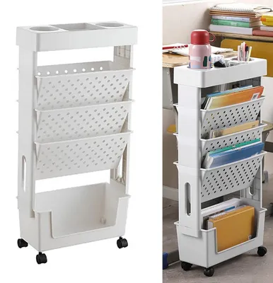 Image de Étagère à roulettes, 5 niveaux, pivotante, en plastique, blanche