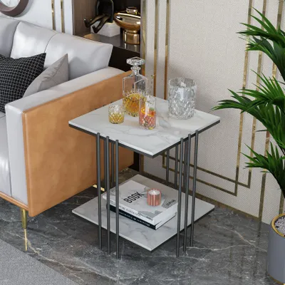 Produktbild von FATIVO Beistelltisch Schwarz mit Marmoroptik: 2 Ablagen Nachttisch, Couchtisch mit Metallgestell, Wohnzimmertisch für Schlafzimmer, 44,5×55,5 cm