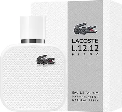 A white bottle of Lacoste L.12.12 Blanc Eau de Parfum for Men is shown next to its packaging.