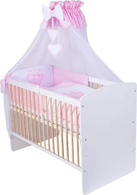 Produktbild von KMbaby Babybett K2 gelb-weiss 120x60 mit 10tlg Bettwäsche Set Matratze Gitterbett Herzen rosa