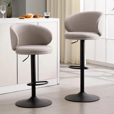 Image de Ensemble de 2 tabourets de bar avec dossier, pivotants, réglables en hauteur, en lin, de couleur grise