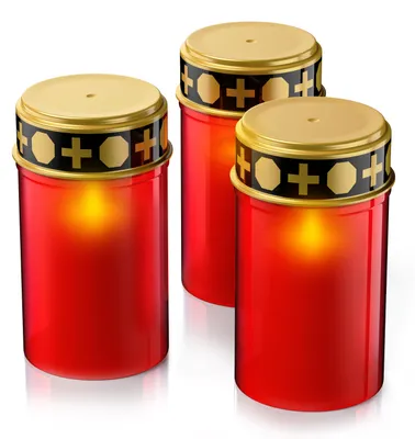 Immagine prodotto di Set di 3 candele LED per tombe, alimentate a batteria, con effetto tremolante e luce bianco caldo (3000 K), durata di circa 4 mesi per set di batterie, resistenti alle intemperie, rosse