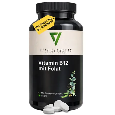 Vita Elements Vitamin B12 mit Folat Kapseln zur Verringerung von Müdigkeit, mit Bioaktiv-Formen