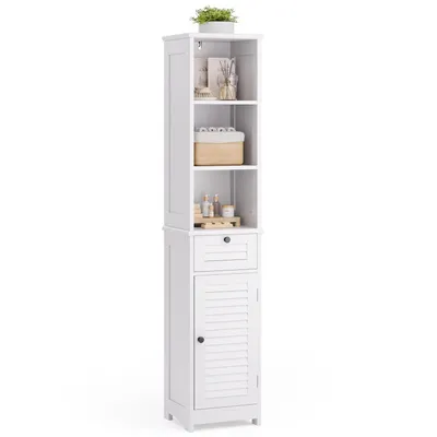 Obrázek produktu pro Koupelnová skříňka Bealife bílá - 6 polic s ochranou proti překlopení, 34x30x162 cm | úzká pro nájemní byty AP02