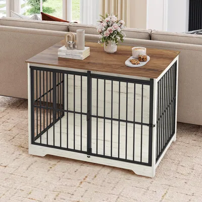 Imagen del producto de Jaula para perros de 110 cm, color blanco y marrón, con 2 puertas y una puerta corredera, fabricada en hierro y madera