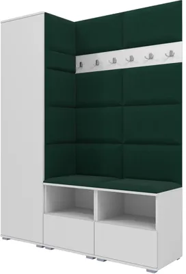 Produktbild von Garderoben-Set Nela II, Polstergarderobe mit zwei Schuhschränke, Flurmöbel mit Hochschrank (Farbe: Weiß + Trinity 28 (Flaschengrün))