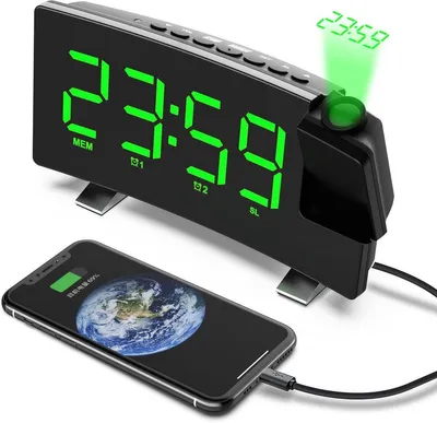 Produktbild von Minicee Projektionswecker mit FM-Radio, Doppelalarm, USB, Grün
