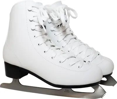 A pair of white ice skates on a white background.