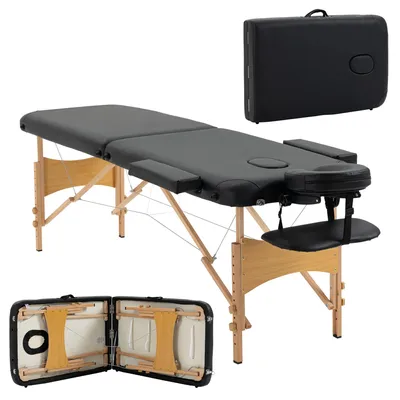Image de Table de massage - Table de massage pliable - Réglable en hauteur - Appui-tête - Structure en bois - Similicuir - Noir