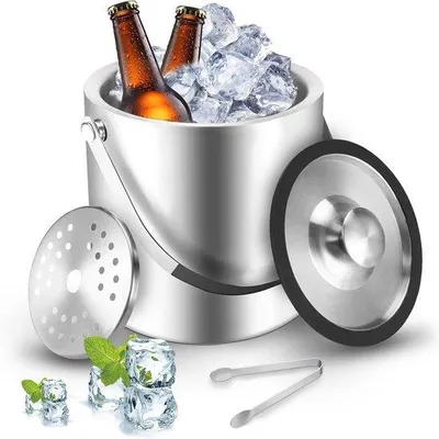 Produktbild von Eiseimer doppelwandig aus Edelstahl mit Deckel und Zange - 3,2 Liter