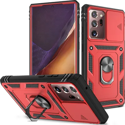 Image de Étui pour Samsung Galaxy Note 20 Ultra 5G avec protection coulissante de l'appareil photo, résistant aux chocs, avec porte-anneau, support et porte-cartes Rouge