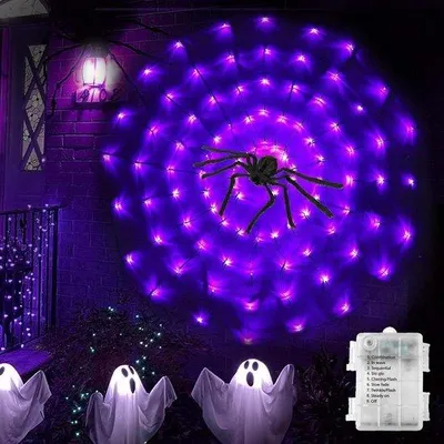 Immagine prodotto di Ragnatela di Halloween con luci LED - 70 luci - Illuminazione da esterno - Decorazioni di Halloween - Luci di Halloween - Decorazioni di Halloween per esterni