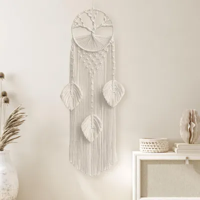 Imagen del producto de Atrapasueños de macramé, diseño del árbol de la vida, con pluma y hoja, de 30 cm, para decoración de dormitorios
