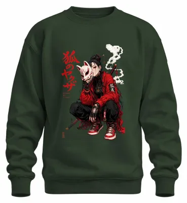 Imagen del producto de Sudadera con cuello redondo estilo manga, con diseño de una chica anime de la yakuza Kitsune, con katana, estilo Y2K, color verde botella, talla L
