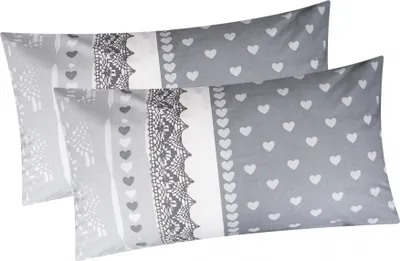 Produktbild von Baumwoll Renforcé Kissenbezug - 2er Set in 40x80cm - Streifen Herzen in grau und Anthrazit - Kopfkissenbezug, Kissenhülle, Dekokissenbezug 100% Baumwolle (386-2-KB)