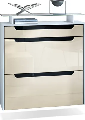 Produktbild von Vladon Schuhschrank Annie, Schuhkipper für 16 Paar Schuhe mit 2 Klappen, 1 Schublade und Glasablage, Weiß matt/Creme Hochglanz/Schwarz Hochglanz (89 x 96 x 23 cm)