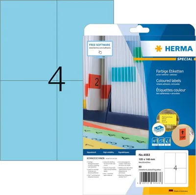 Productafbeelding van HERMA etiketten, A4, blauw, 105x148mm, mat, verwijderbaar, 80 stuks.